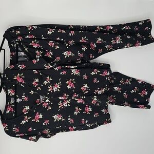 Black Floral Loungewear Set Top & Drawstring Pants w Pockets Plus Size 2X